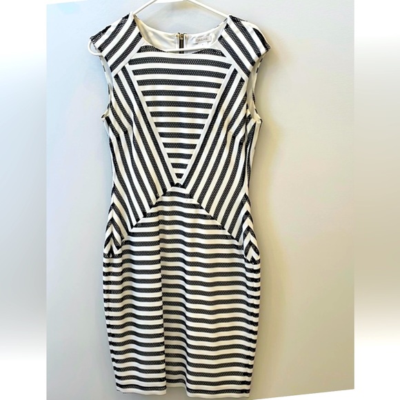 🎉CACHE Size 8 Black & White Sexy Sleeveless Dress w/ Gold Exposed Back Zipper - Picture 2 of 8